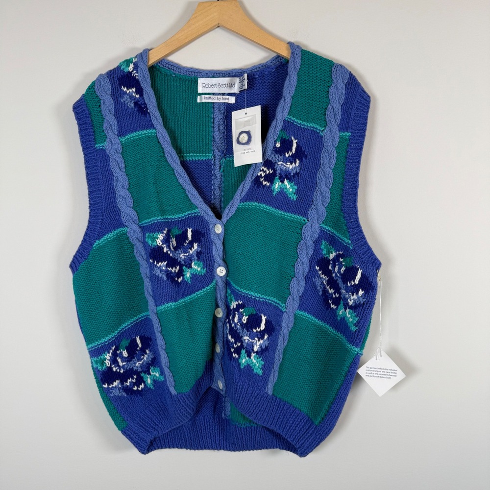 NEW Robert Scott Ltd Hand Knitted Floral Sweater Vest XL Colorblock V-Neck NWT